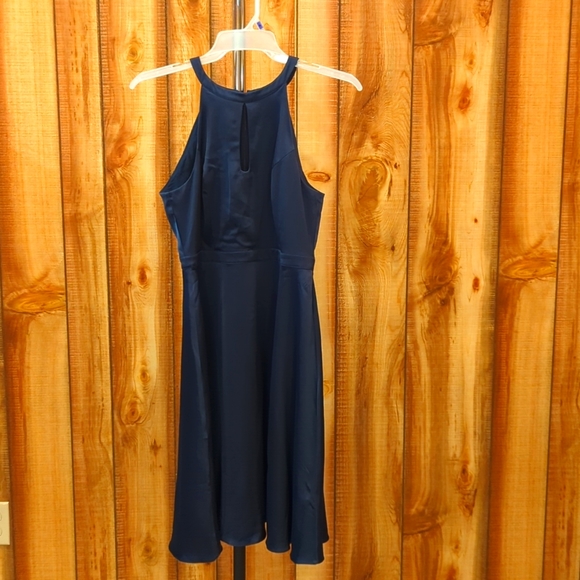 ModCloth Women's Key Hole Front Navy Halter Sleeveless Dress Size 10 Satin like - Picture 1 of 3